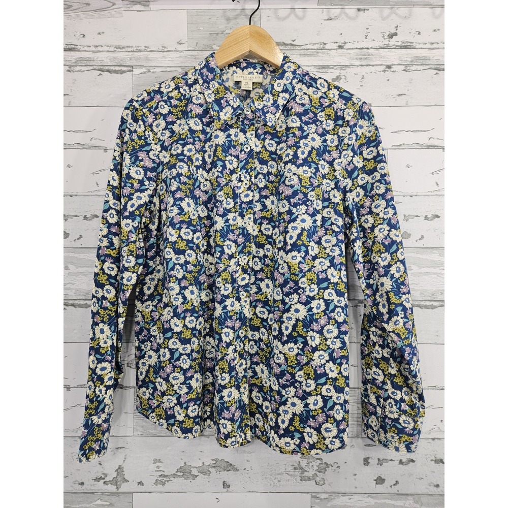 Appleseed's Women's Petites PL Blue Floral Cotton Button Up‎ Long Sleeve Shirt